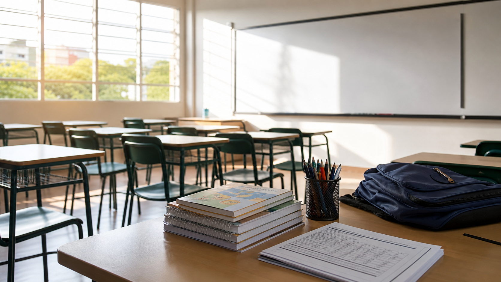 Sala de aula organizada com materiais de professor sobre mesa para seleção docente