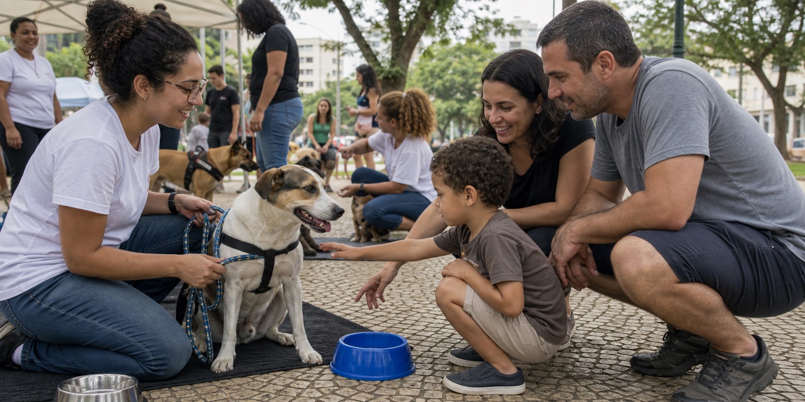 Moradores participam de conversa comunitária sobre proteção animal com cão tranquilo no centro da roda.