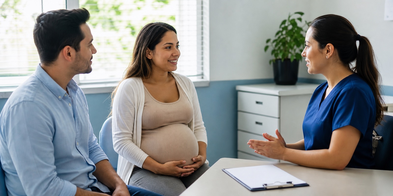 Gestante conversa com profissional de saúde sobre pré-natal e proteção ao nascituro.