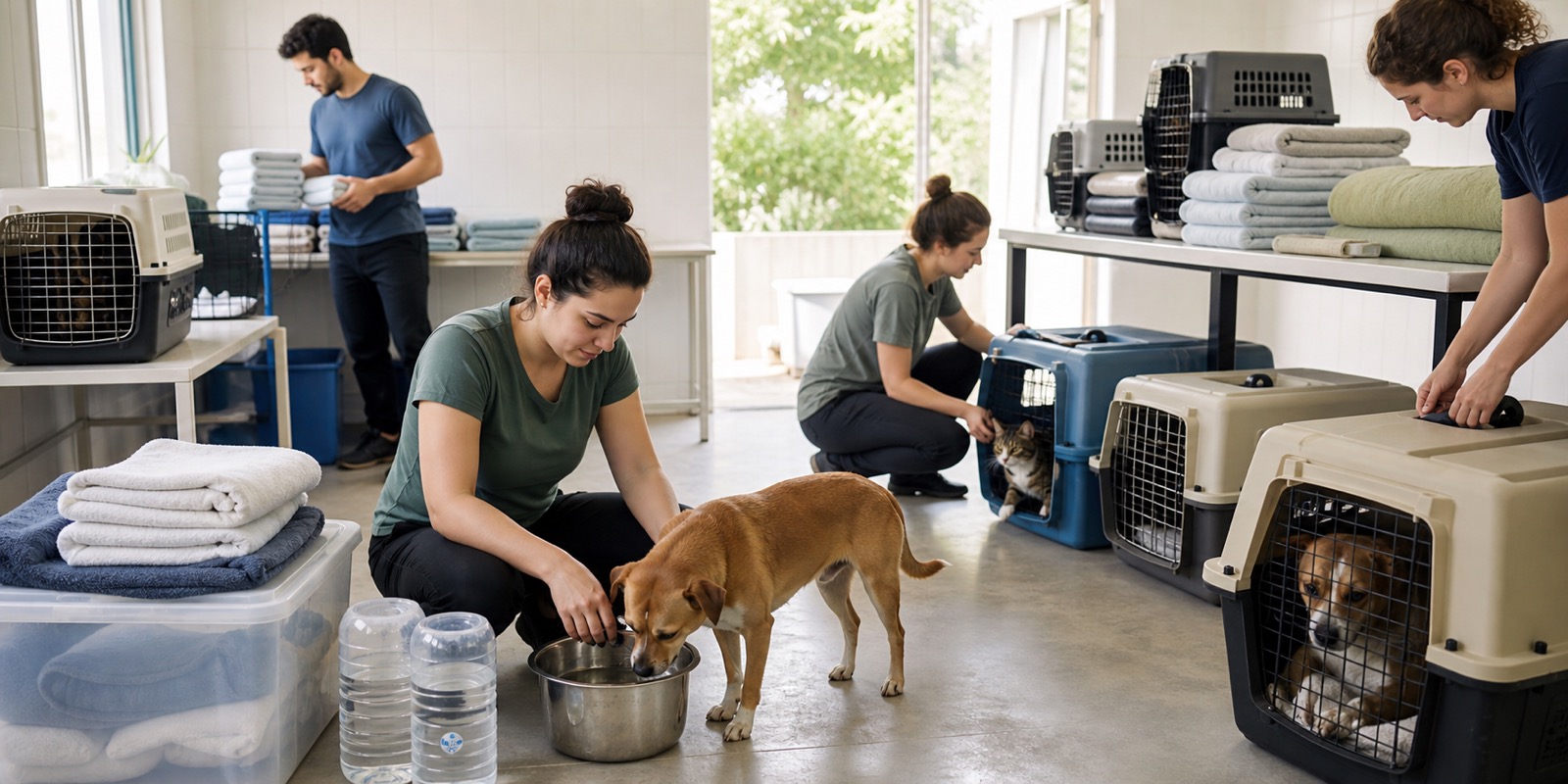 Espaço limpo com caixas, água e toalhas para acolher cães e gatos resgatados.