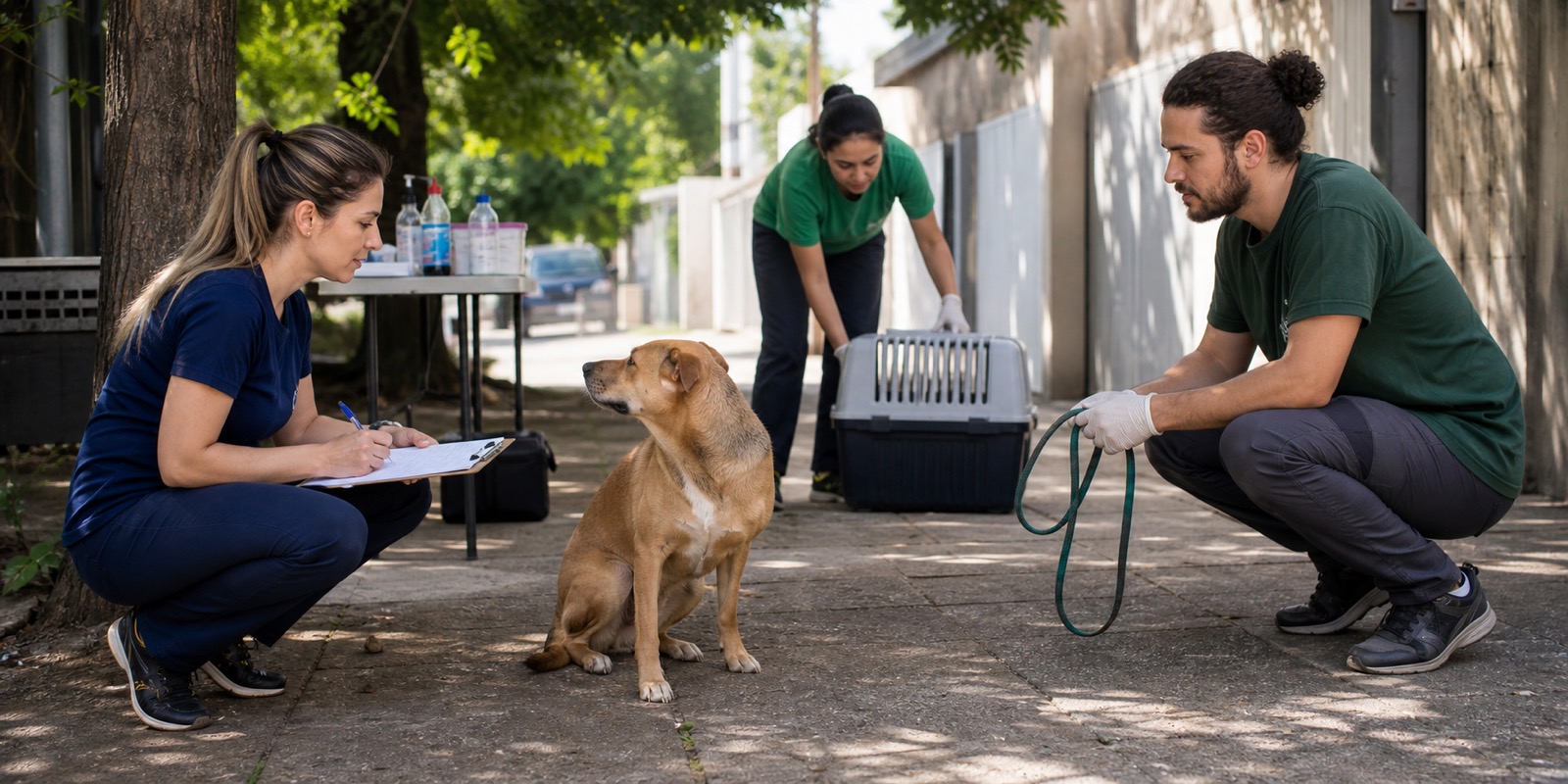 Equipe avalia cão em área externa antes da retirada segura para resgate de animais.