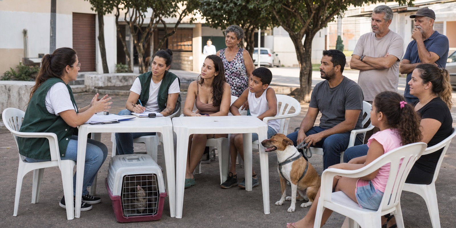 Moradores recebem orientação comunitária sobre resgate de animais em reunião de bairro.