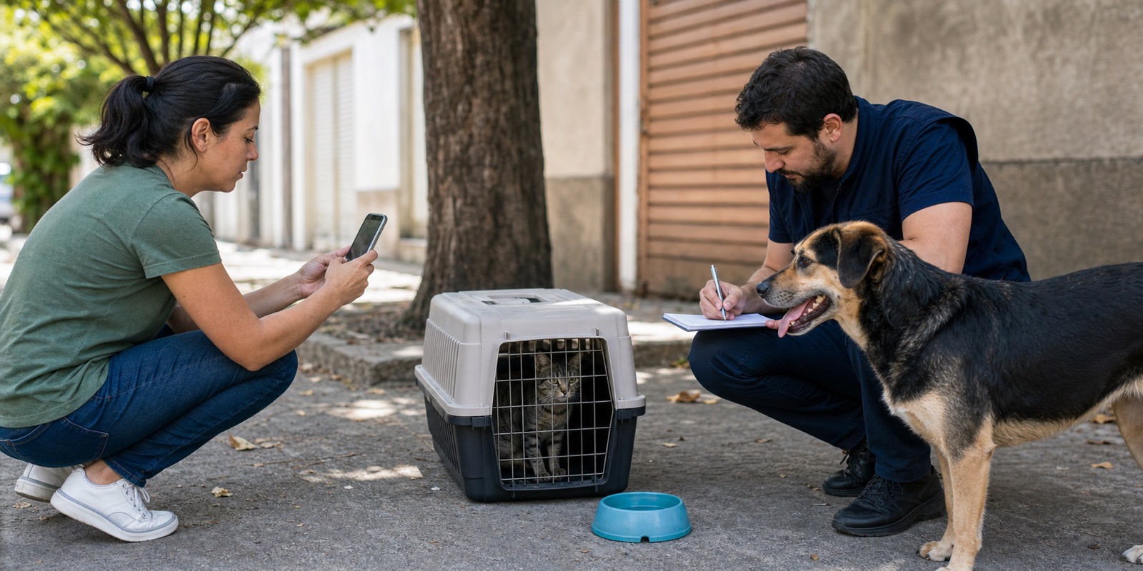 Pessoa registra imagem enquanto profissional anota dados de gato em caixa e cão em guia.