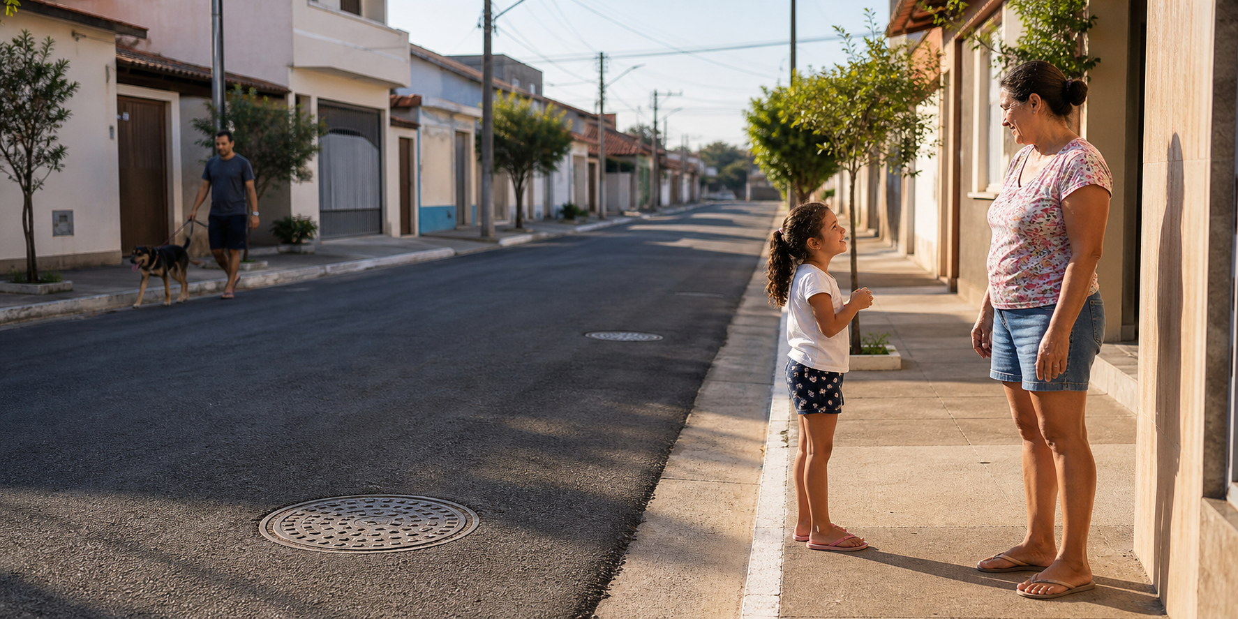 Rua residencial com rede de esgoto regularizada e moradores em frente de casa