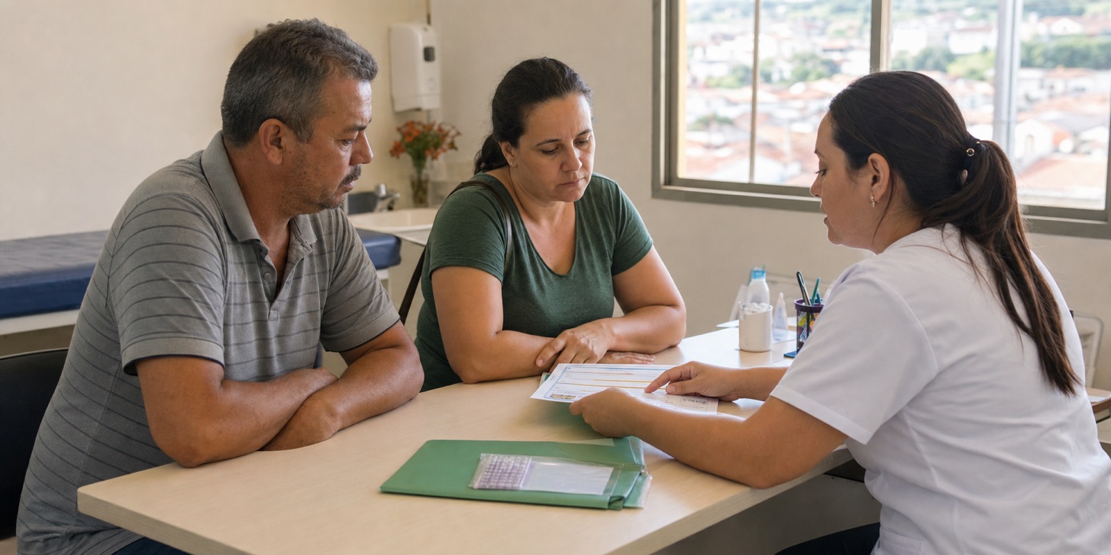 Família conversa com profissional sobre continuidade do cuidado após atendimento regional em Botucatu.