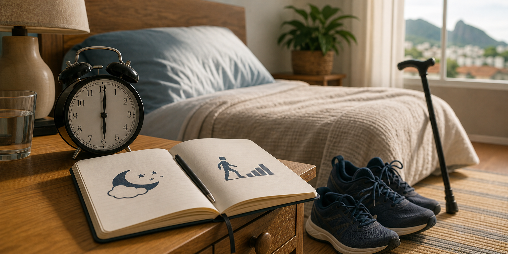 Relógio ao lado da cama com tênis e bengala para ilustrar sono prolongado em idosos
