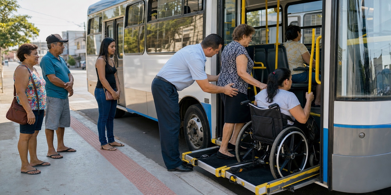 Usuária de cadeira de rodas embarca em ônibus urbano com auxílio, cena sobre acessibilidade no subsídio transporte público.