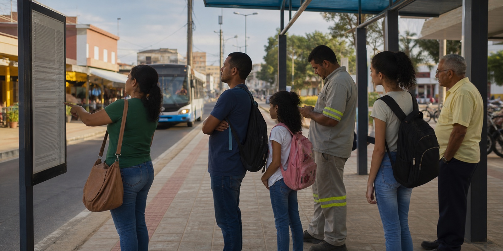 Famílias e trabalhadores aguardam ônibus em ponto urbano, cena sobre tarifa, impostos e acesso à cidade.
