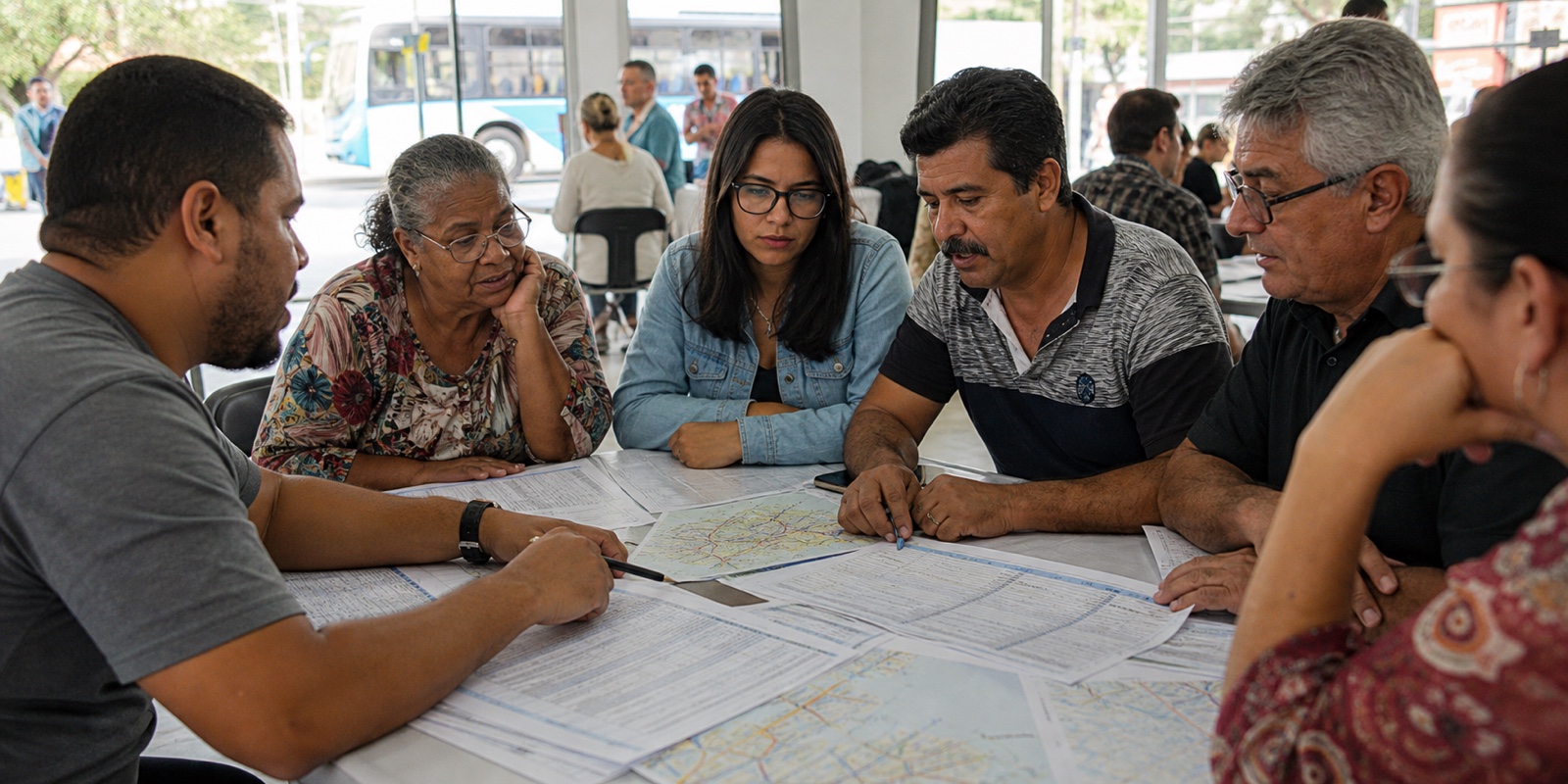 Moradores analisam mapas e documentos em reunião sobre orçamento e subsídio transporte público.