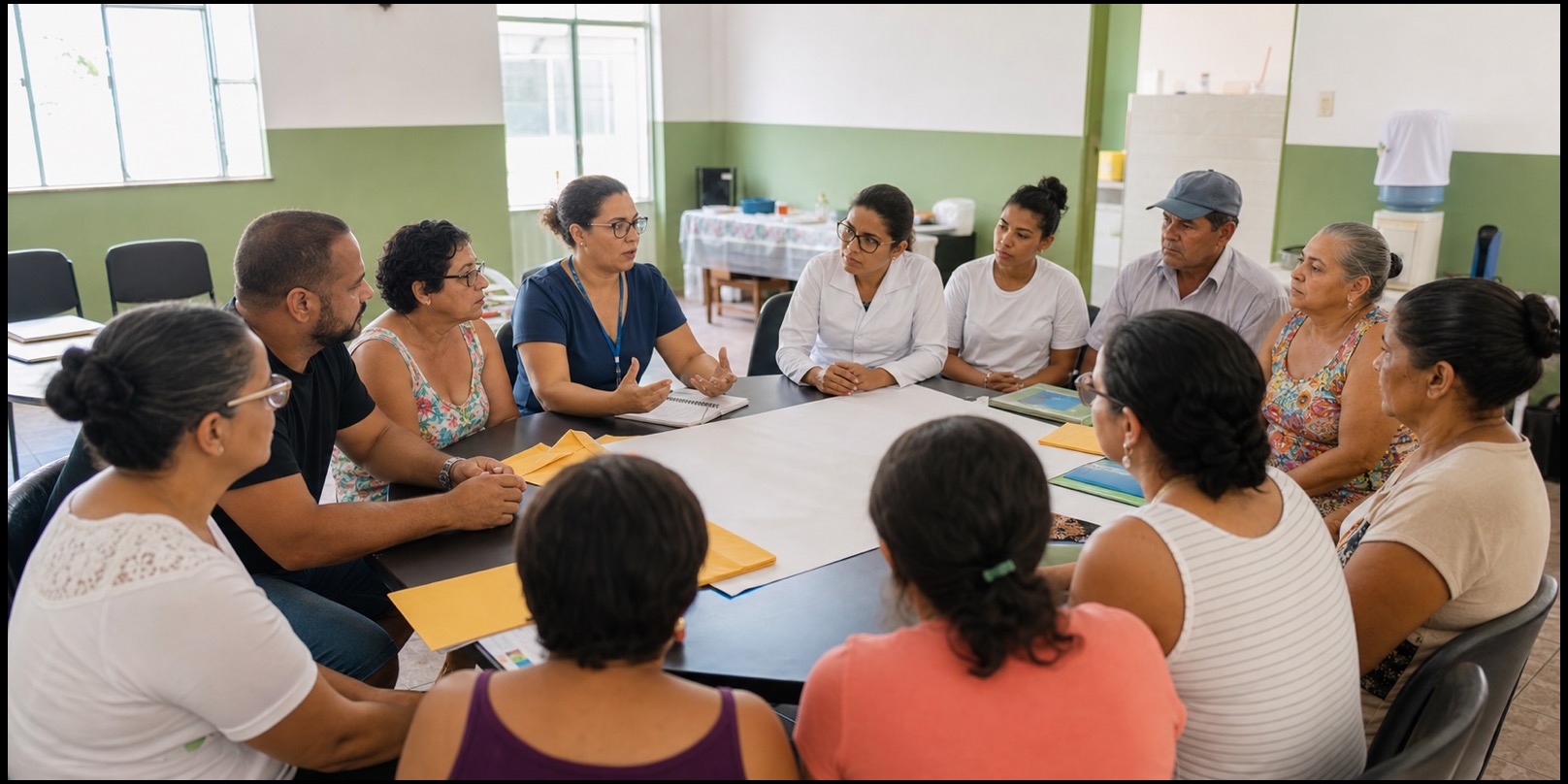 Moradores e profissionais discutem prioridades de saúde pública em reunião comunitária.
