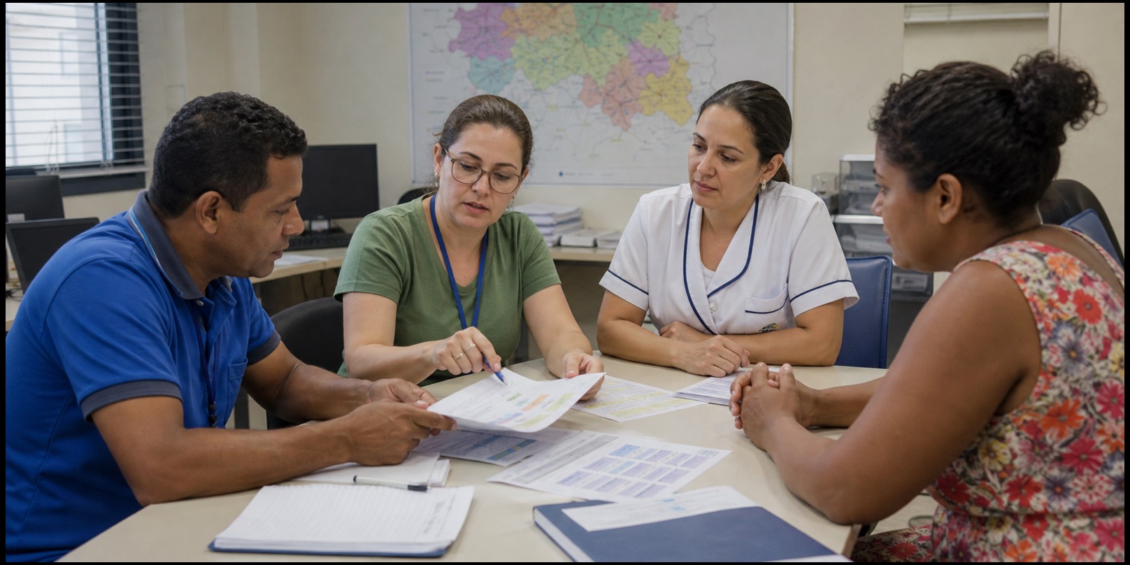 Equipe de saúde analisa documentos e mapa regional para organizar fluxos do SUS Avaré.