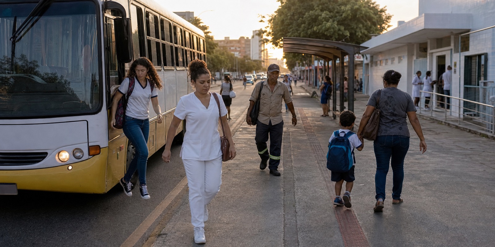 Passageiros saem de ônibus em bairro com serviços públicos, em cena sobre mobilidade e tarifa zero.