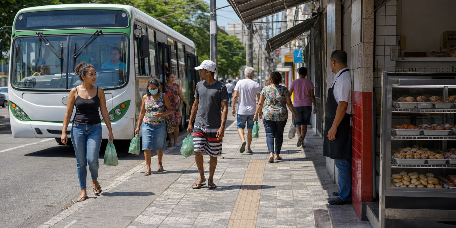 Moradores descem de ônibus e caminham por área de comércio local em cena sobre tarifa zero.