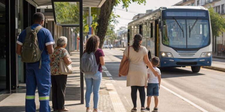 Moradores aguardam ônibus em cena sobre tarifa zero e direito de ir e vir na cidade.