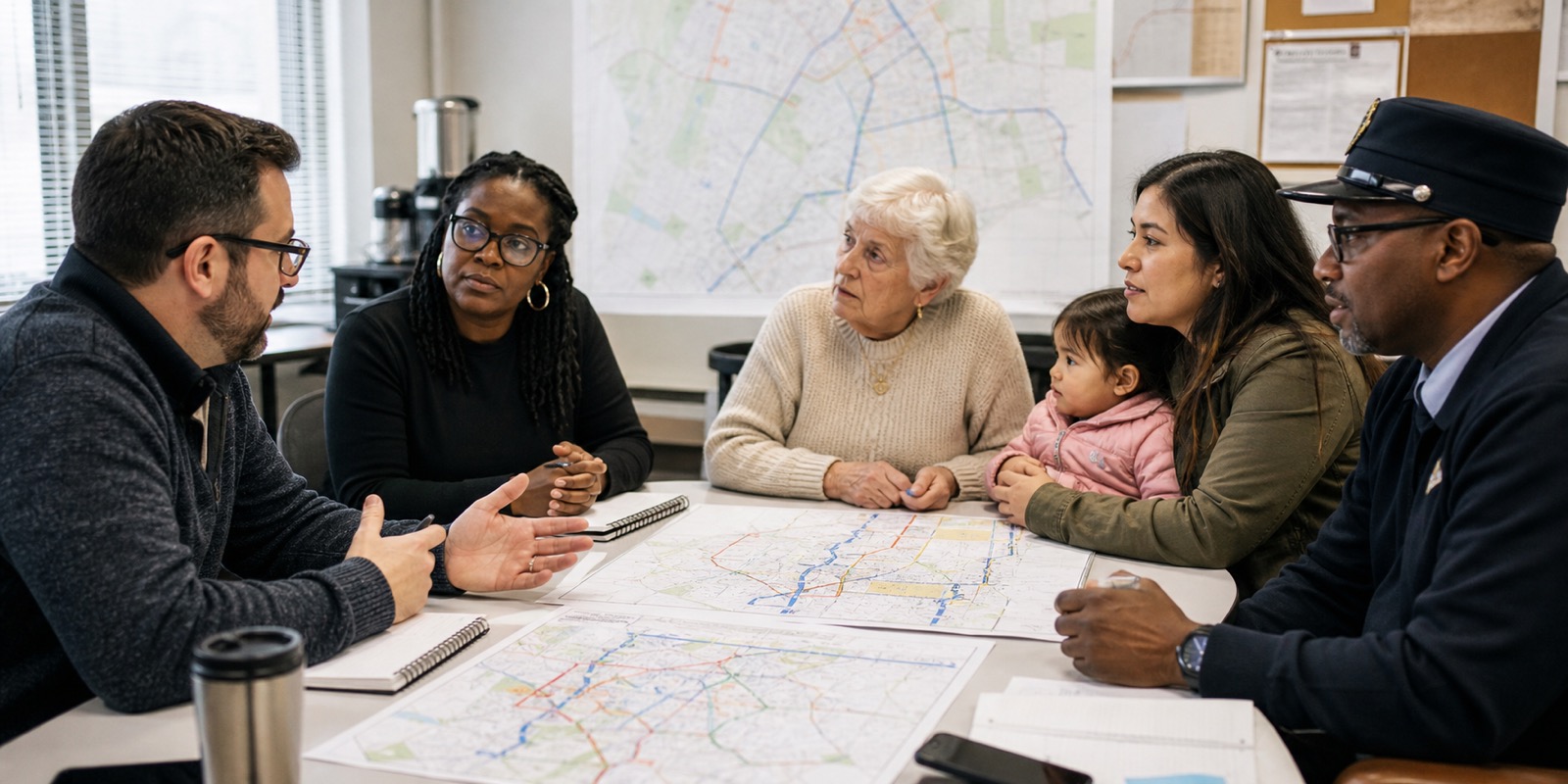 Grupo analisa mapas de rotas para estudo municipal de tarifa zero e mobilidade urbana.