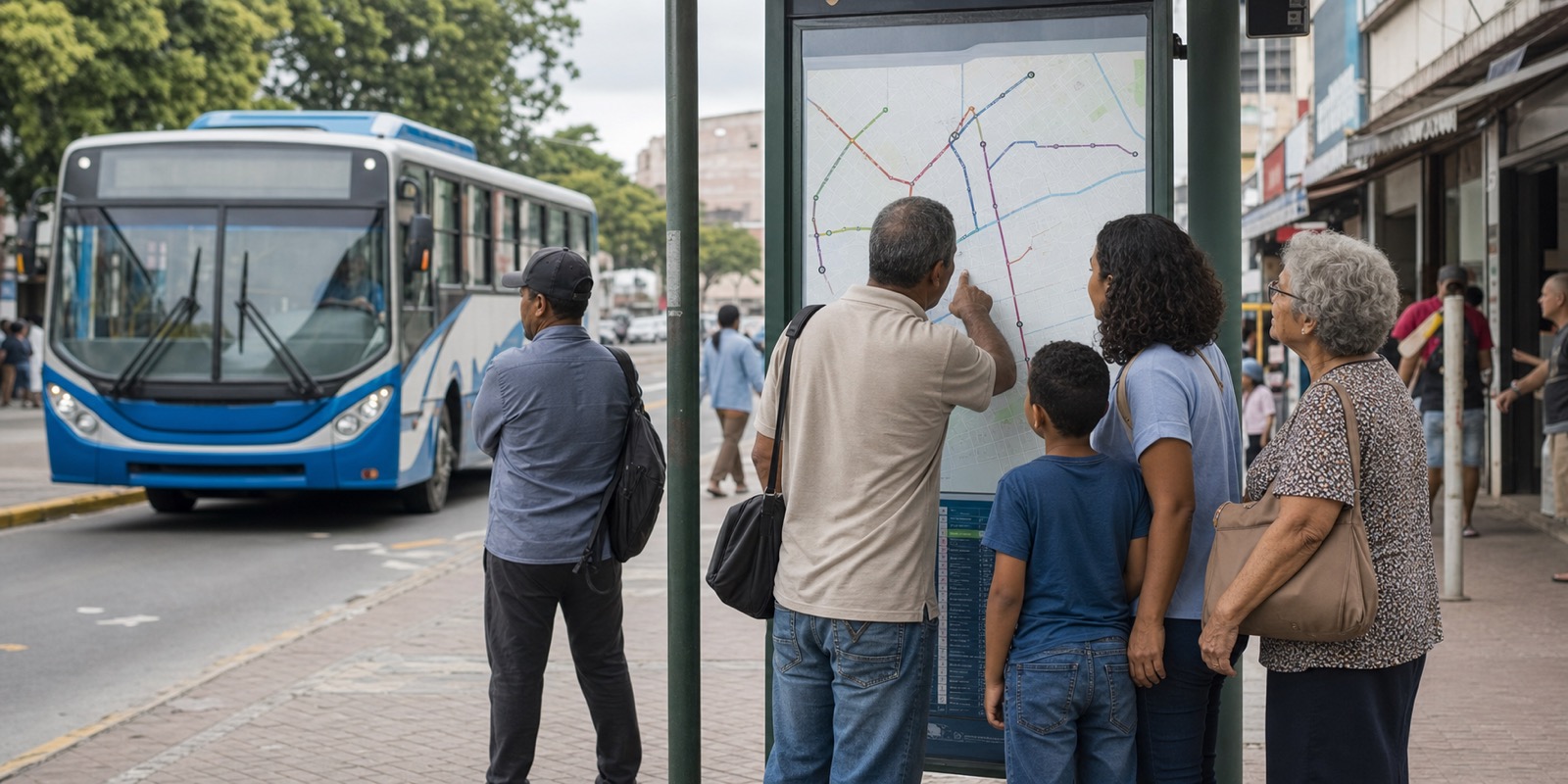 Usuários consultam mapa de rotas de ônibus entre bairros, serviços públicos e comércio local.