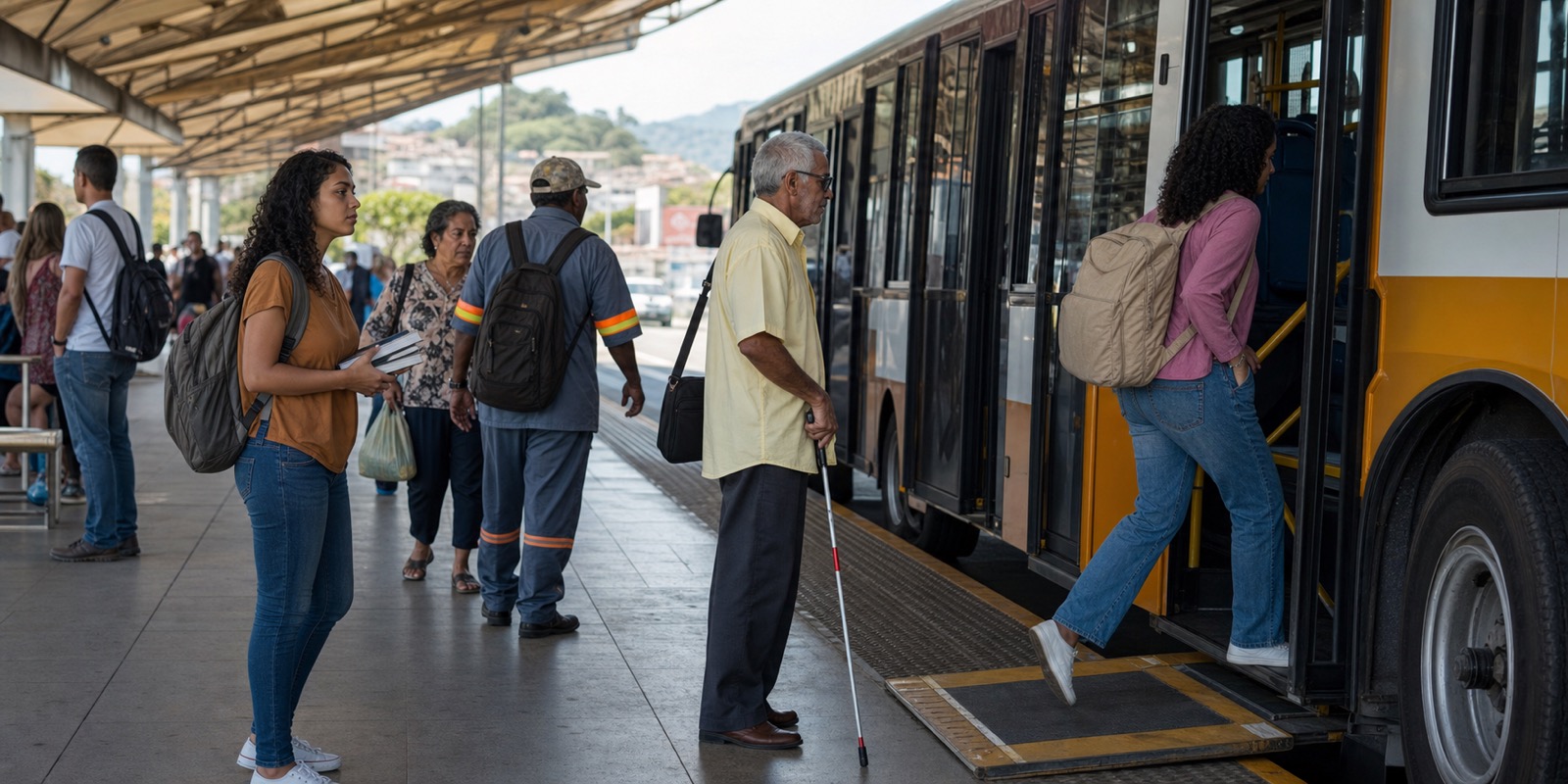 Usuários embarcam em ônibus acessível, representando tarifa zero e transporte público no cotidiano.