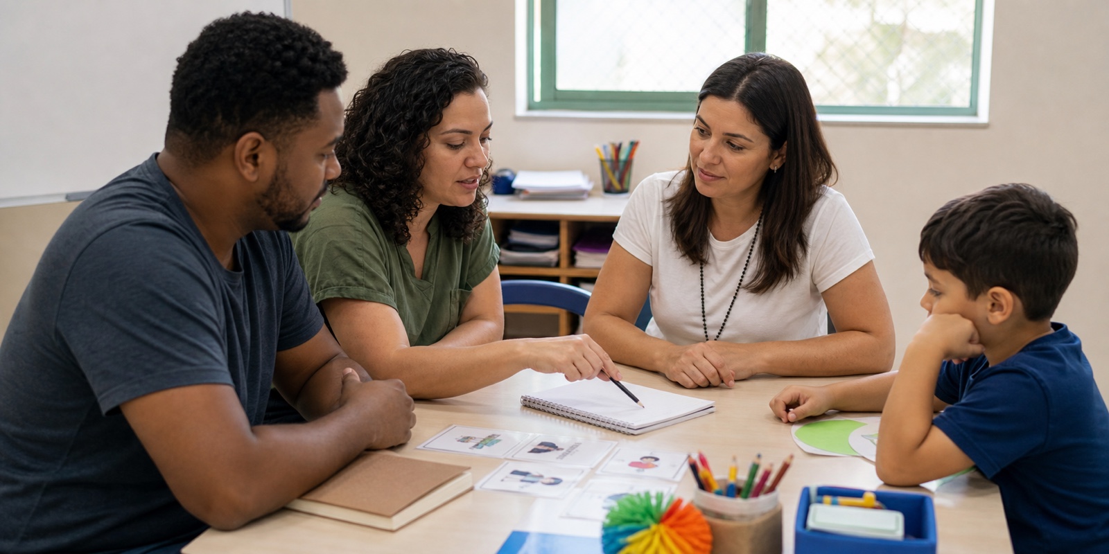 Família e profissionais planejam apoio entre escola e rede de saúde.