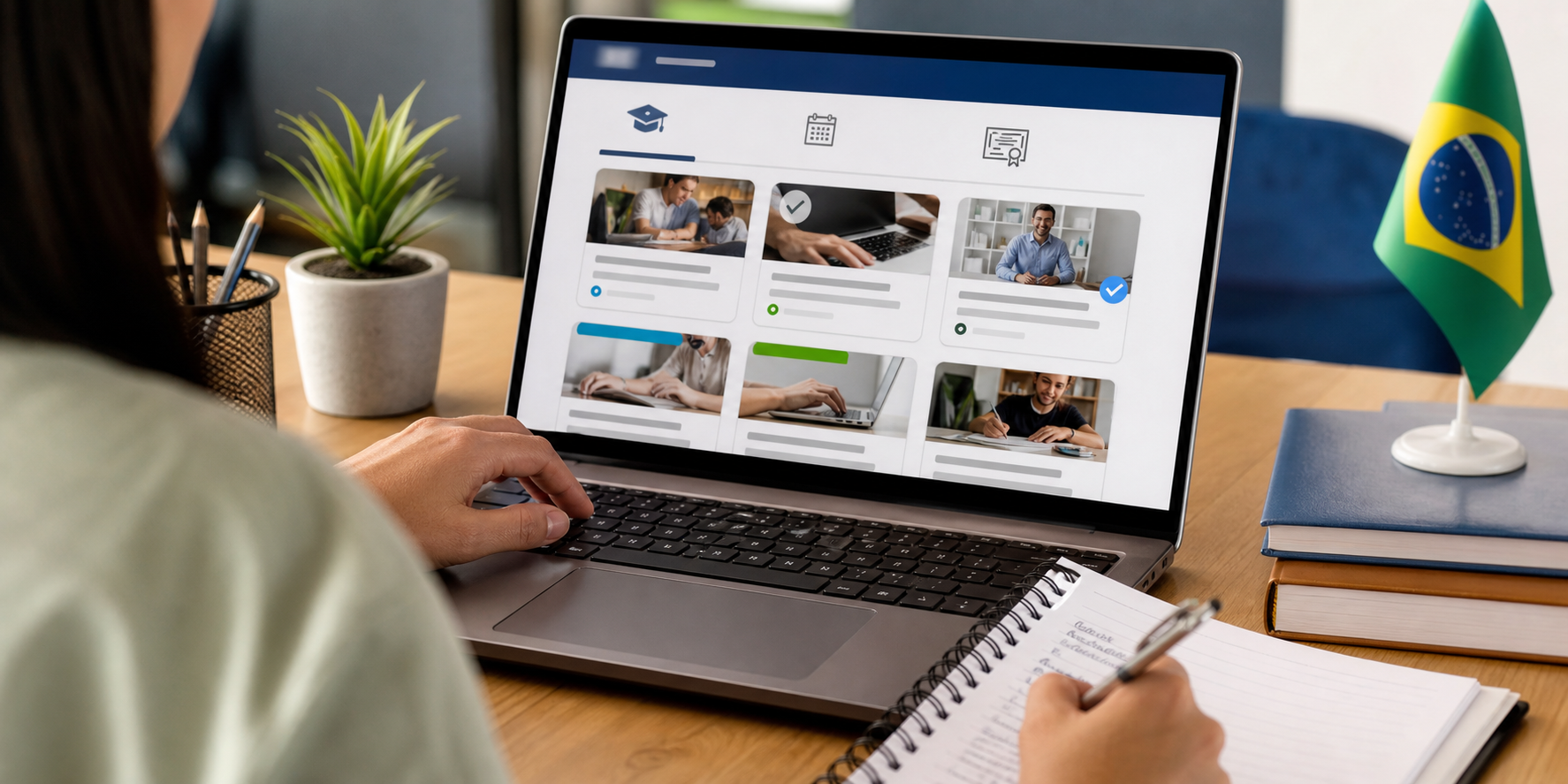 Pessoa consulta plataforma online de cursos gratuitos e anota informações de inscrição
