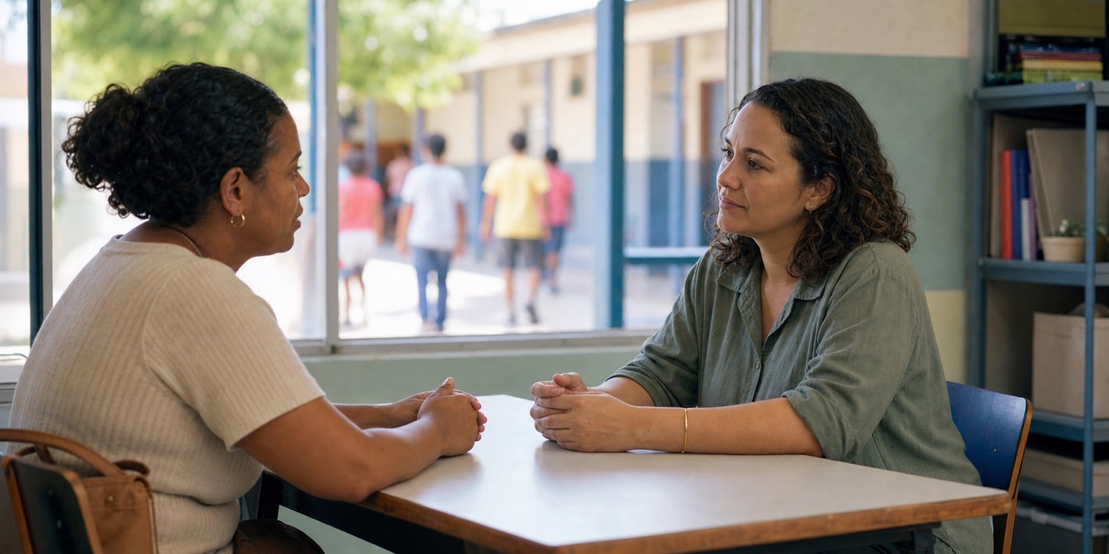 Responsável e coordenadora conversam em ambiente reservado para proteger estudantes.