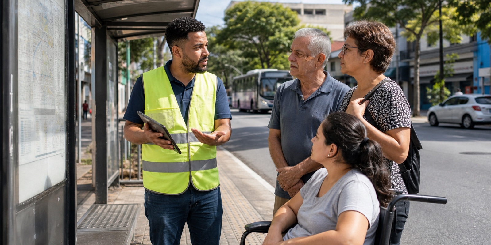 Usuários conversam no ponto de ônibus sobre acessibilidade e transporte gratuito planejado para todos.