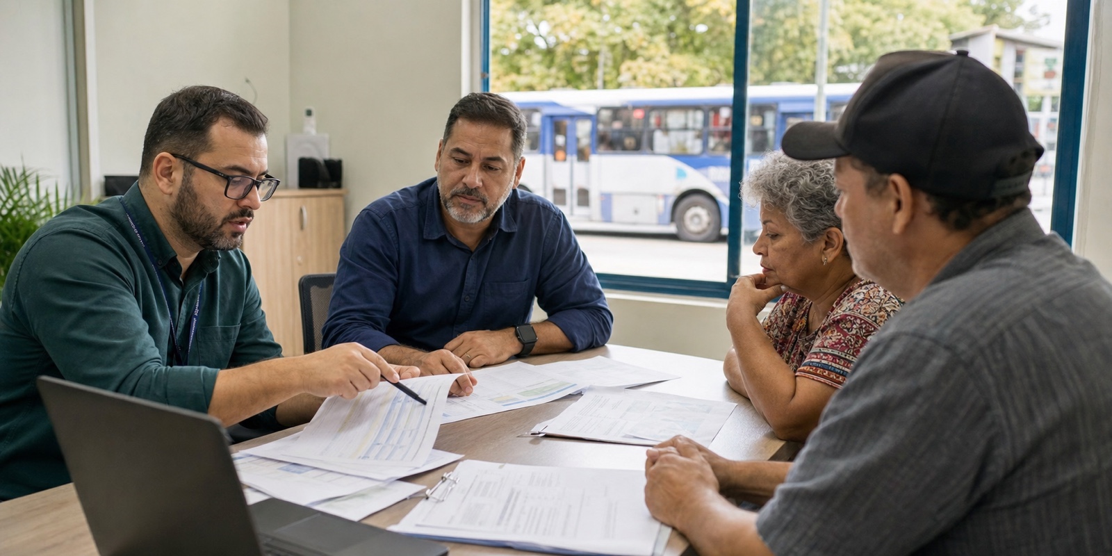 Moradores e técnicos avaliam custos de transporte gratuito em reunião com documentos e ônibus ao fundo.