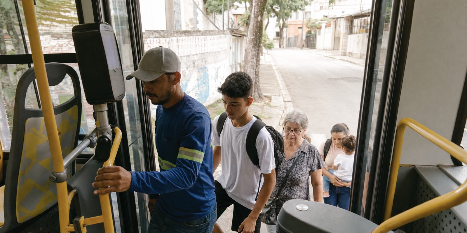 Passageiros embarcam em ônibus urbano em cena sobre transporte gratuito no cotidiano de estudantes e trabalhadores.