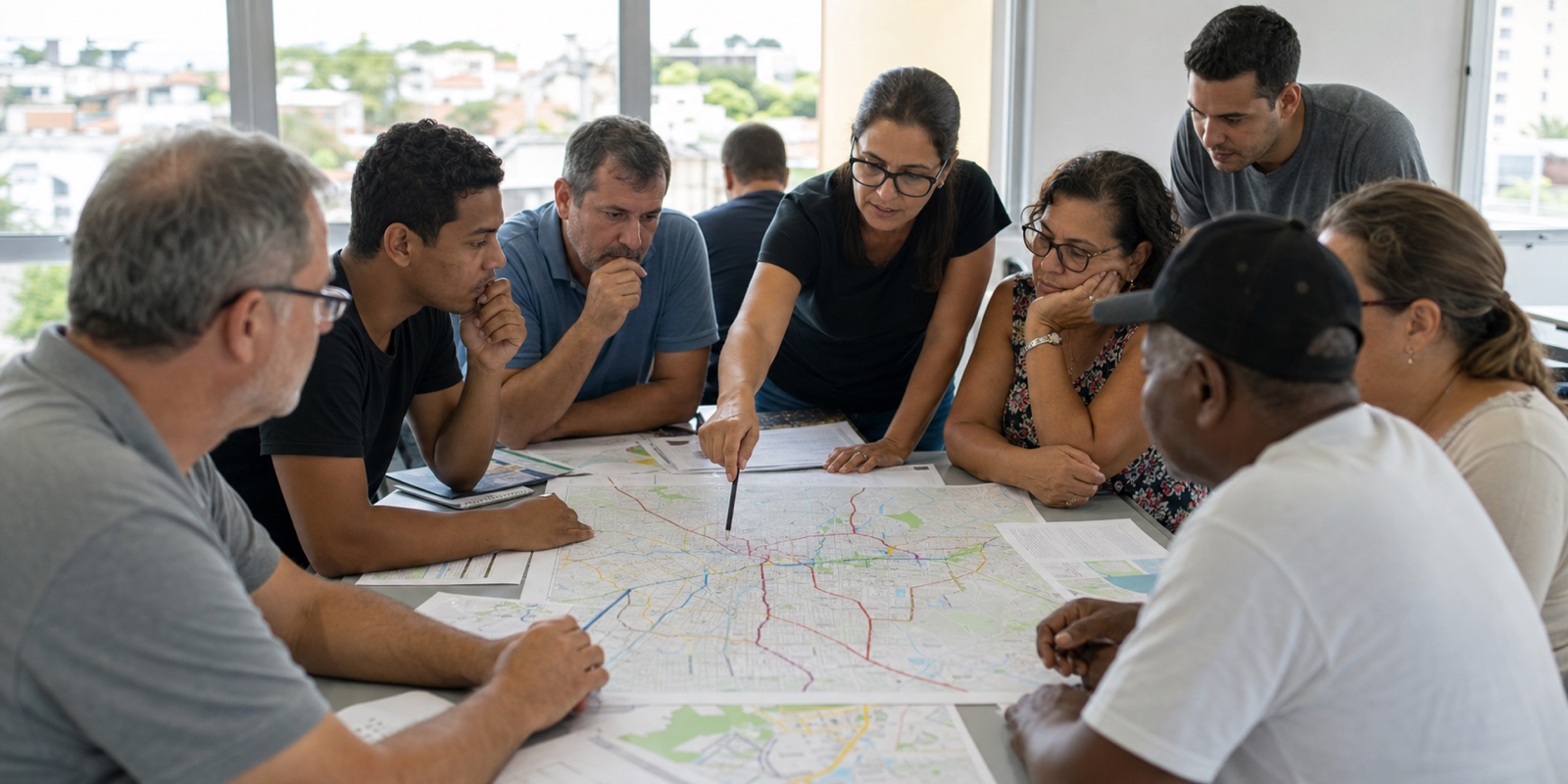 Moradores analisam mapa de rotas para planejar transporte gratuito com cobertura e acesso local.