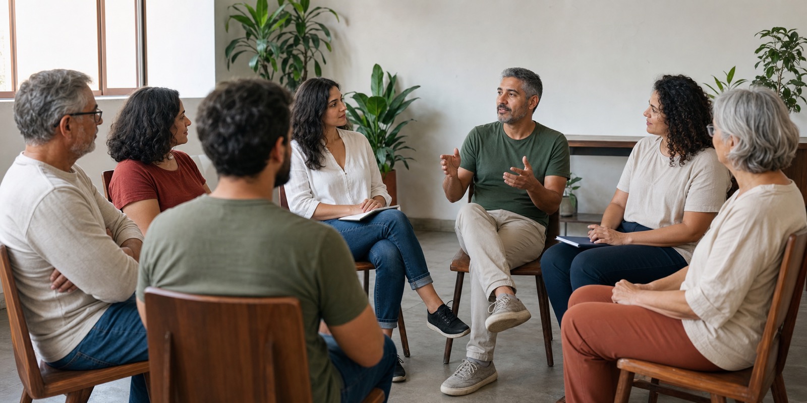 Grupo de adultos conversa em círculo com respeito durante encontro comunitário.