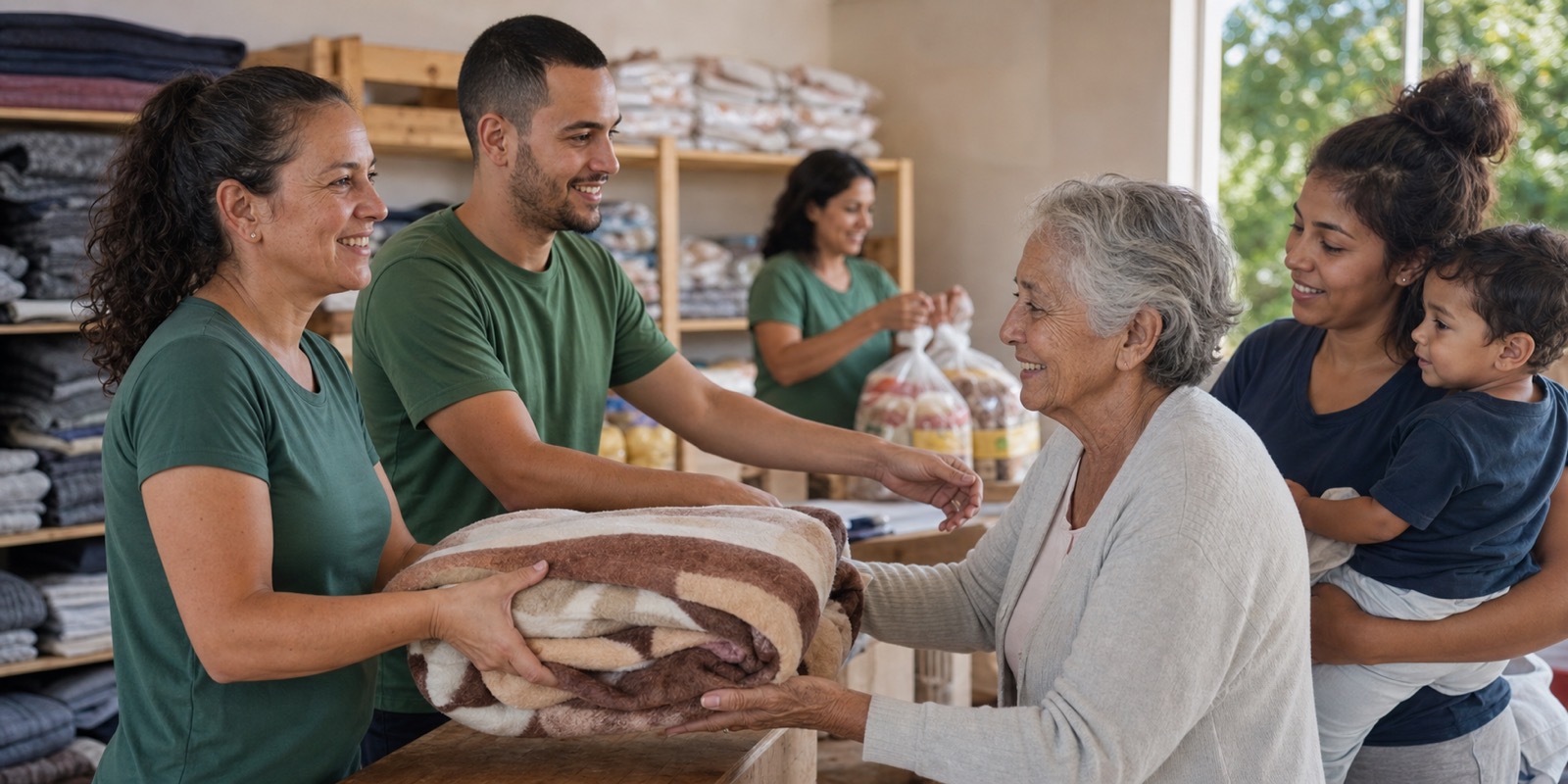 Voluntários ajudam uma família e uma idosa em ação comunitária sobre dignidade humana.