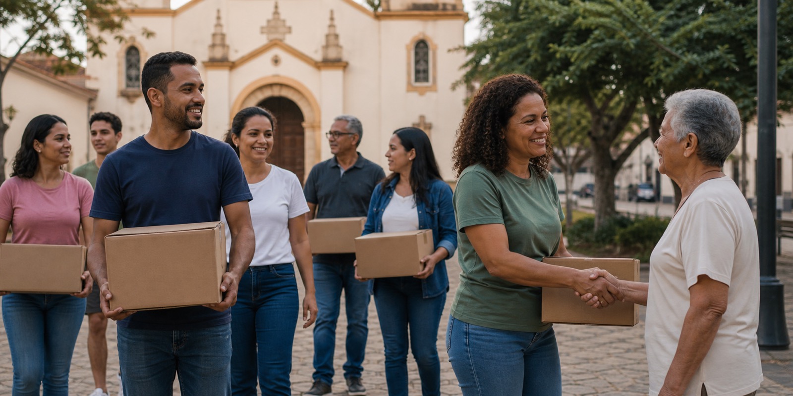 Voluntários caminham em praça pública com caixas de doações após ação comunitária.