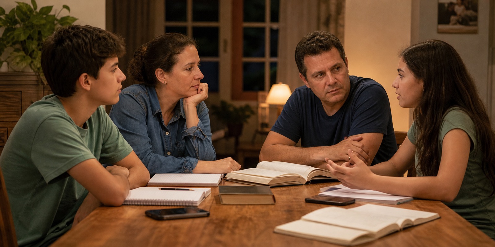 Família conversa em casa sobre referências morais com livros e cadernos sobre a mesa.