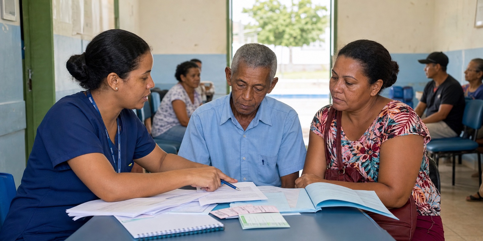 Viagem para tratamento no SUS com profissional orientando paciente e cuidadora sobre documentos em unidade local.
