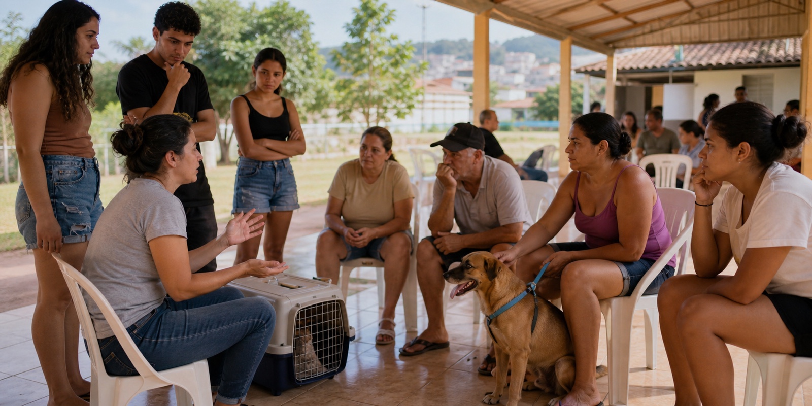 Moradores recebem orientação comunitária sobre violência animal com cão e gato em segurança.