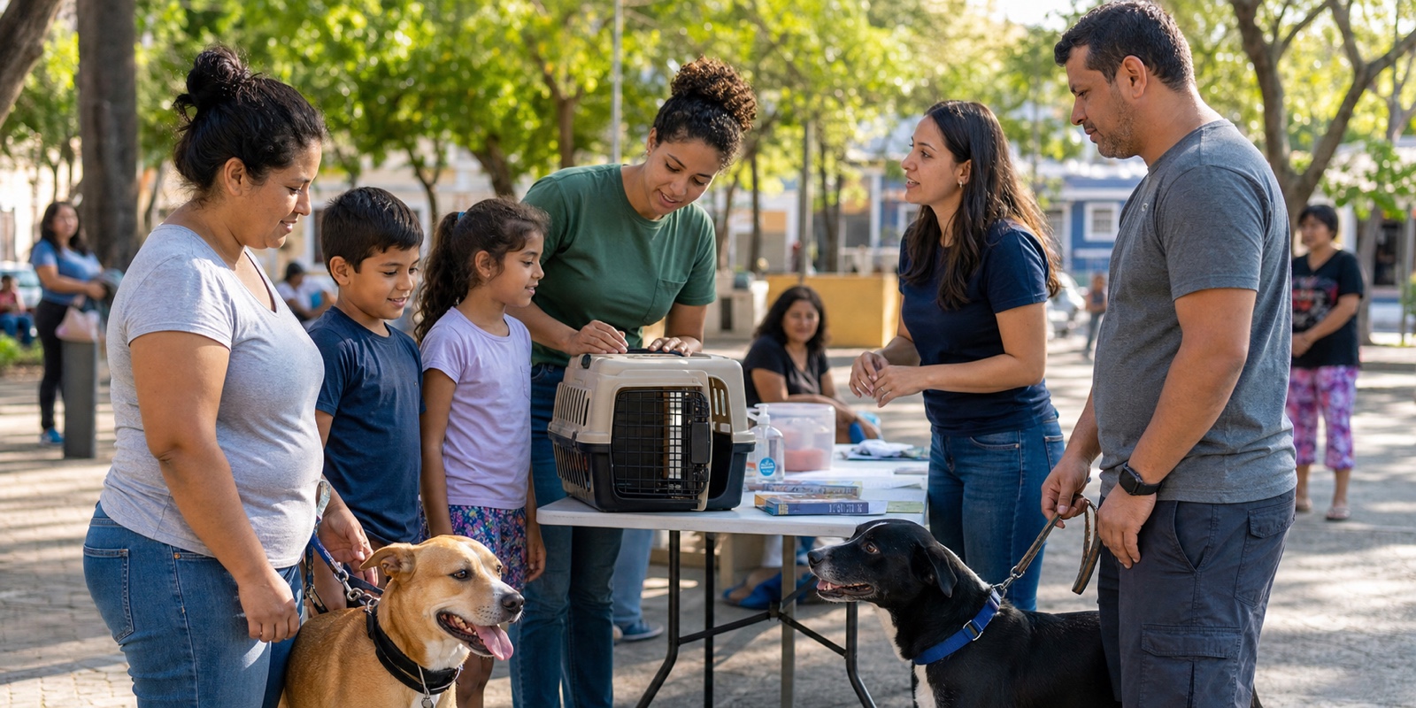 Voluntários orientam famílias em praça sobre prevenção de violência animal e guarda responsável.