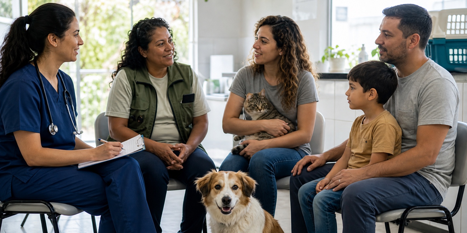 Veterinária, família e voluntária conversam sobre acompanhamento de caso de violência animal.