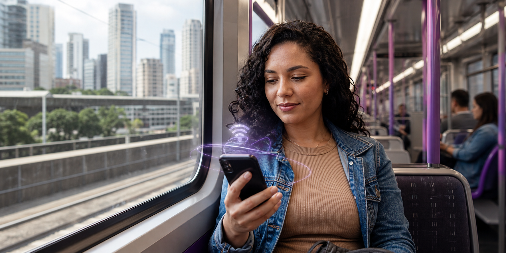 Passageira usa smartphone conectado ao Wi-Fi embarcado em trem da Linha 7-Rubi