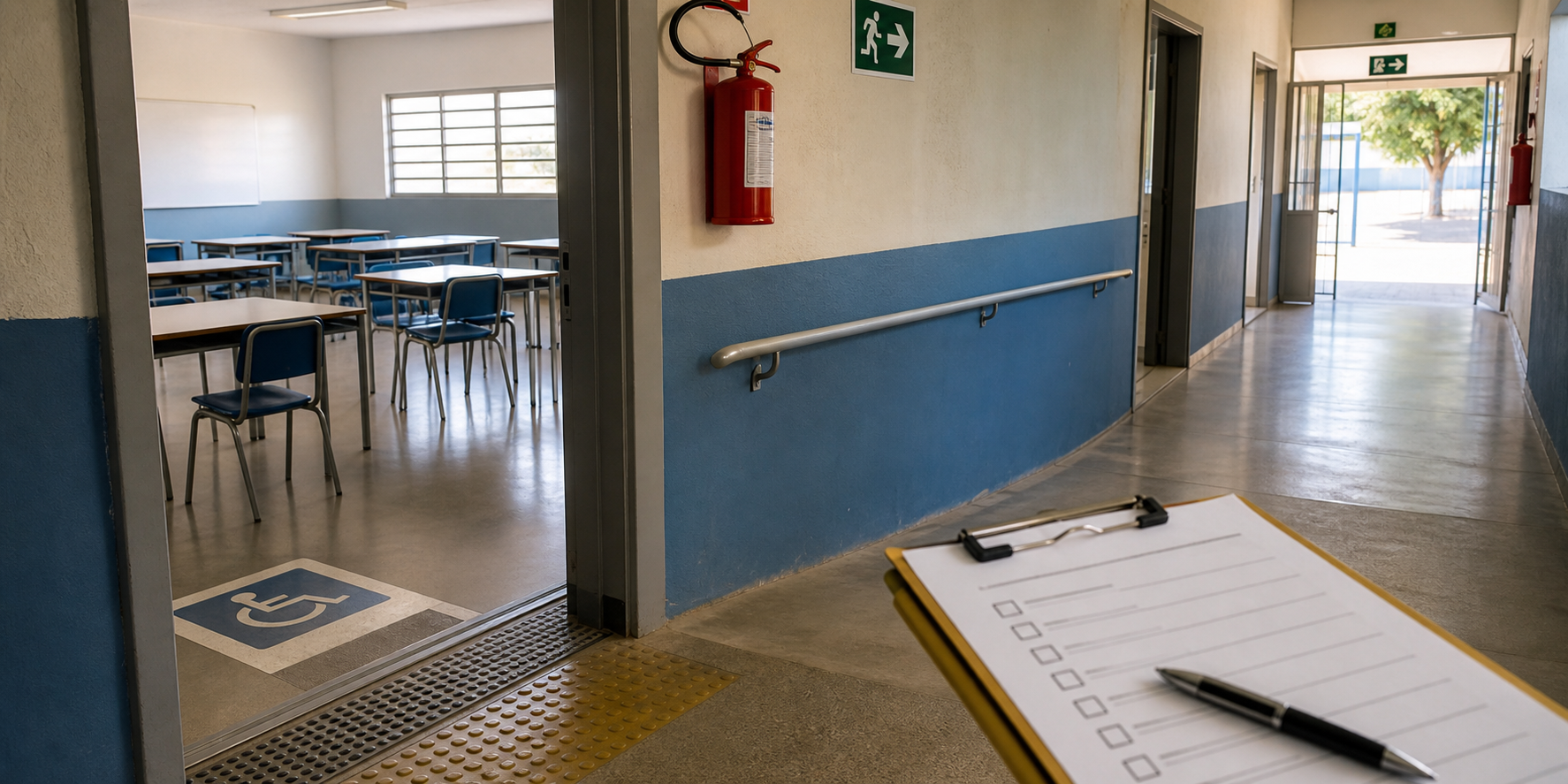 Corredor de escola com sinalização de saída, extintor e rota acessível para estudantes