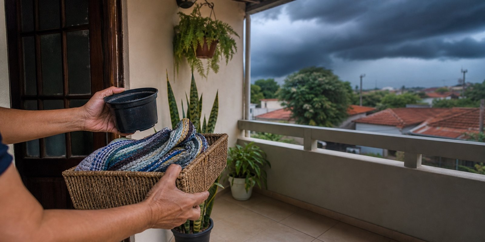 Moradora recolhe objetos da varanda antes de chuva e ventos fortes