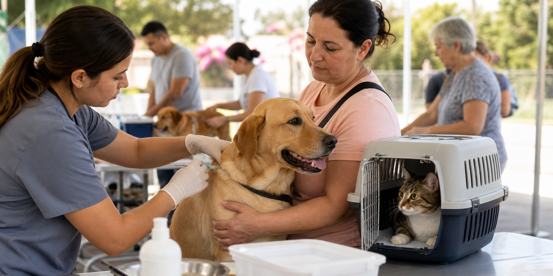Equipe de saúde pública orienta tutores de cães e gatos após vacinação antirrábica
