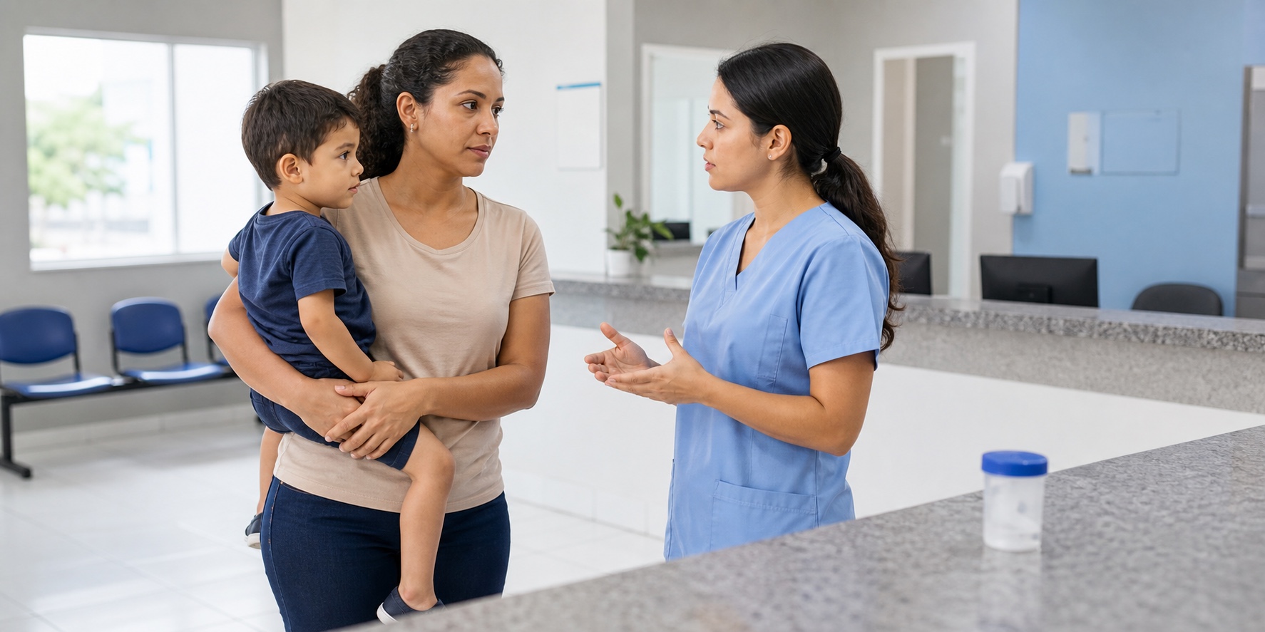 Profissional orienta família sobre atendimento rápido após picada de escorpião