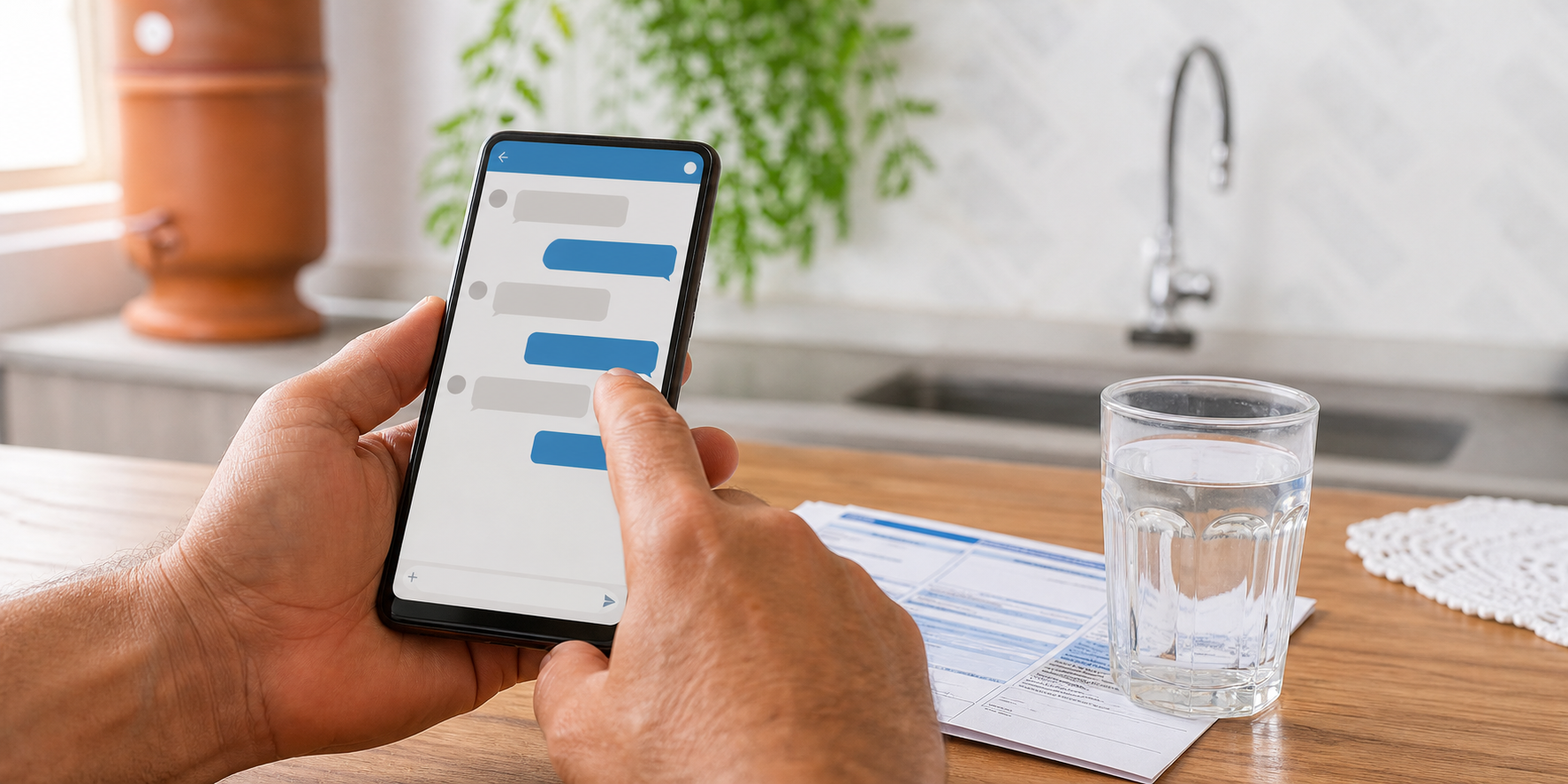 Celular mostra atendimento digital sobre água e esgoto ao lado de conta e copo de água