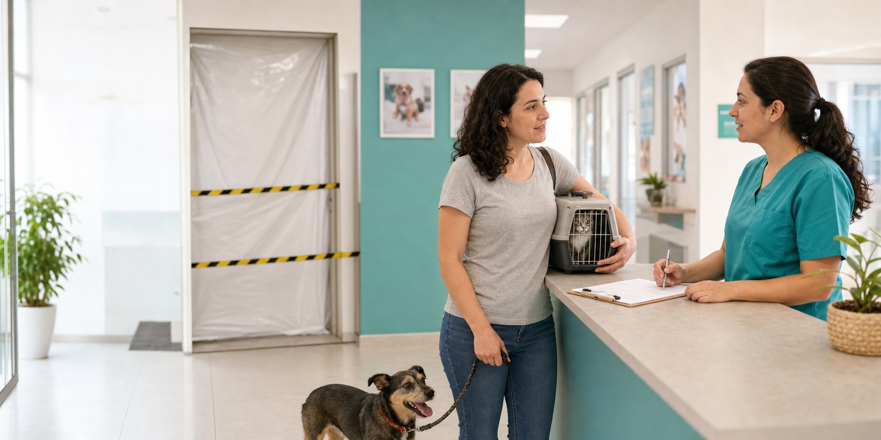 Profissional orienta tutora com cão e gato durante reforma da Clínica Veterinária de Avaré