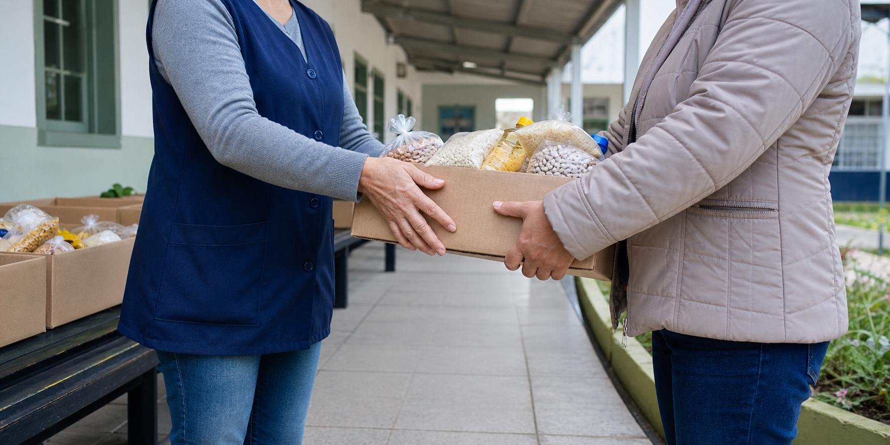 Responsável recebe cesta de alimentos em escola municipal de Avaré durante o recesso escolar