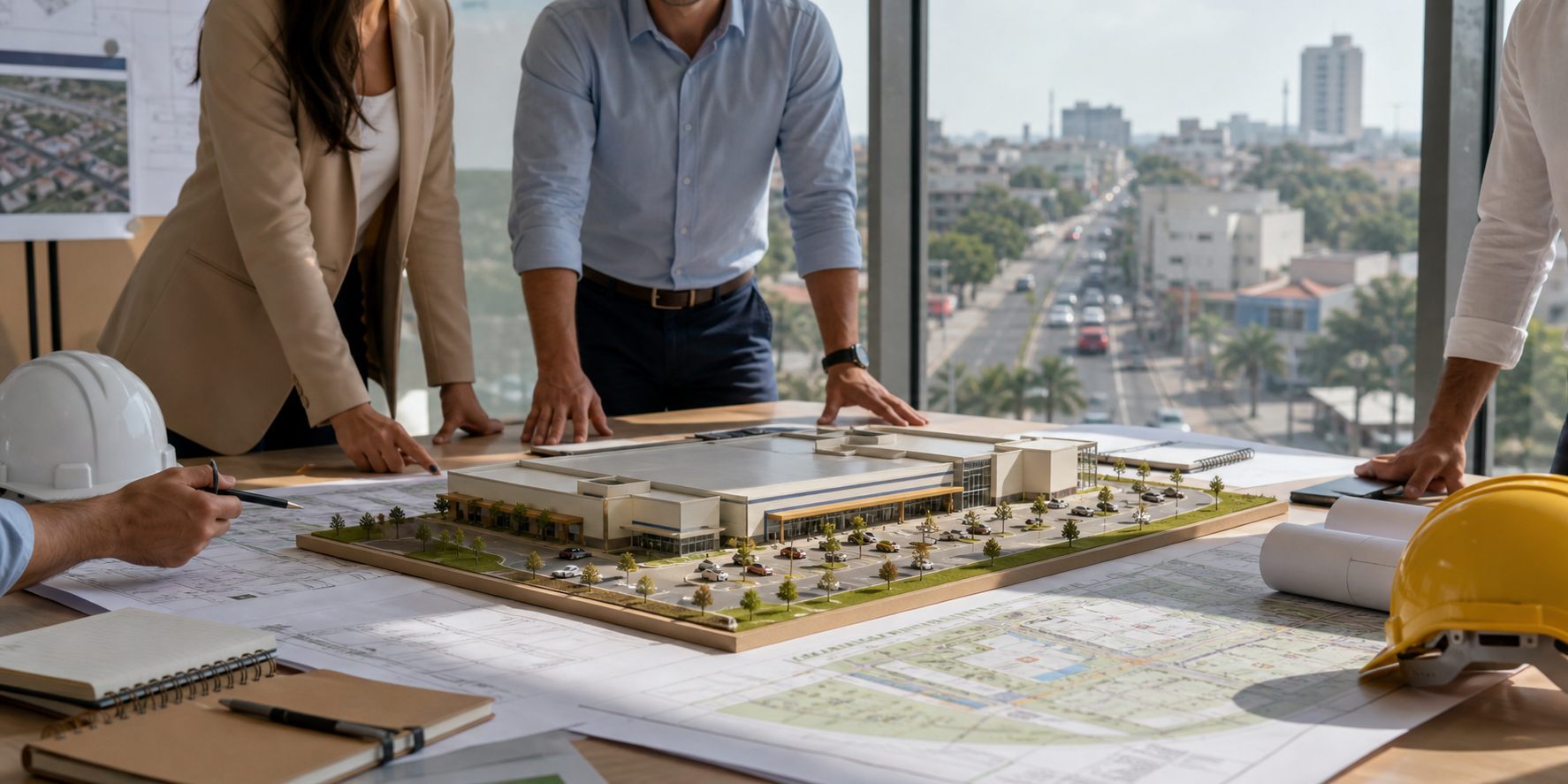 Mesa de planejamento e maquete representando investimento em shopping center em Avaré