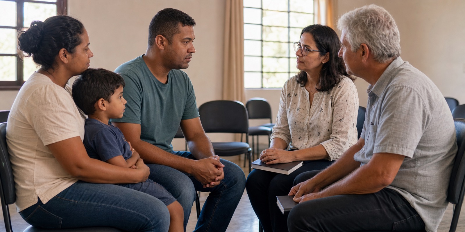 Voluntários de comunidade paroquial acolhem mãe, pai e criança em sala simples e luminosa.