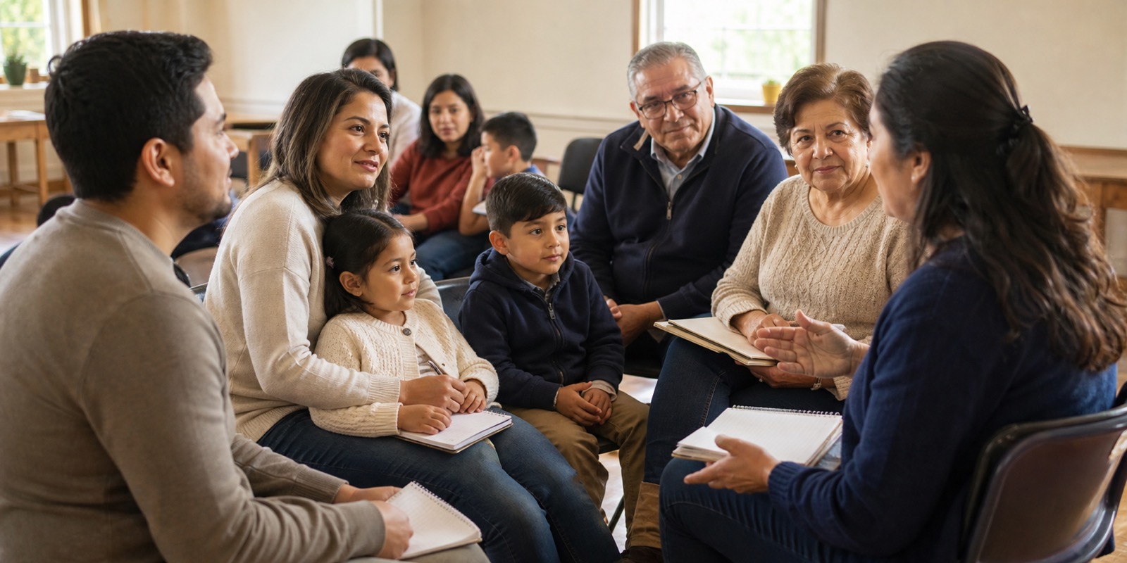 Famílias participam de encontro formativo em comunidade paroquial com crianças acompanhadas.