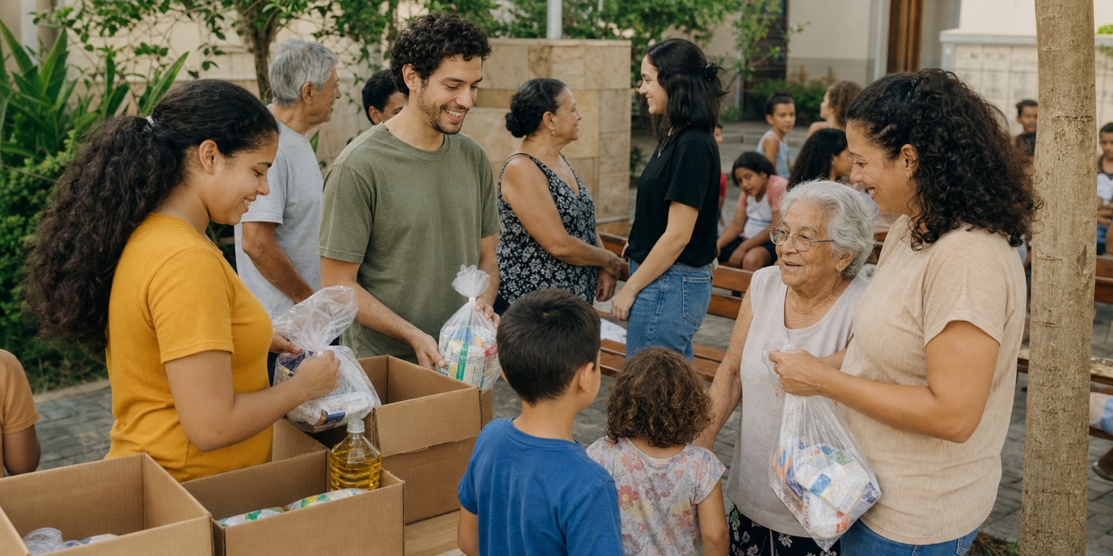 Comunidade paroquial reúne jovens, adultos e idosos em ação de serviço às famílias.