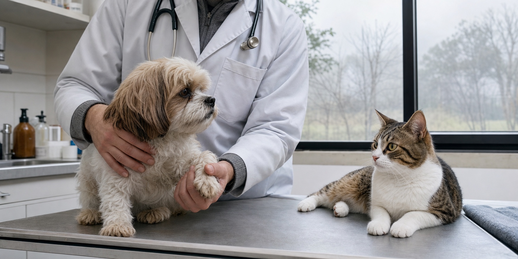 Médico-veterinário avalia cão com gato ao lado em dia frio