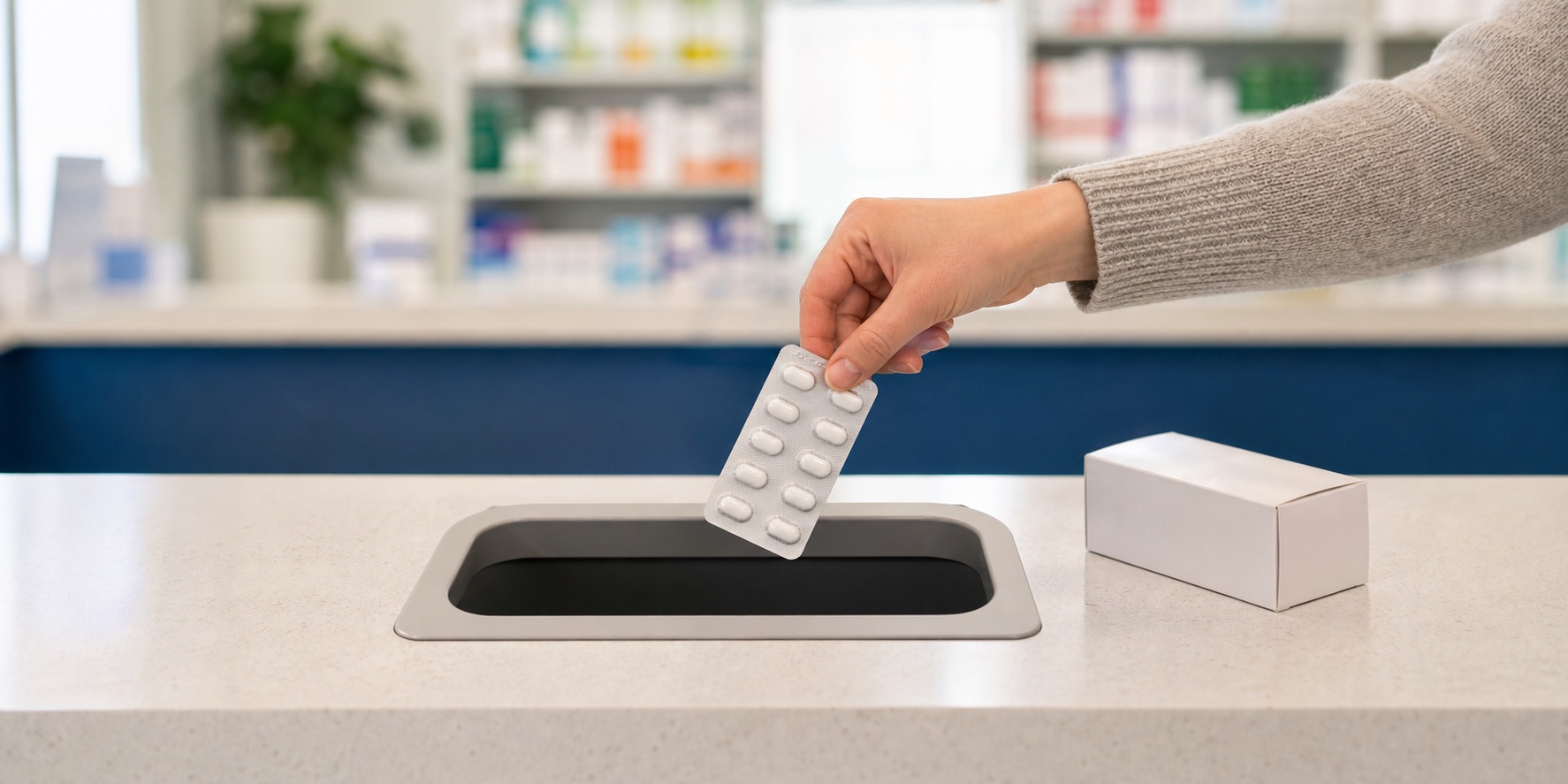 Pessoa entrega blister no ponto de descarte de medicamentos vencidos